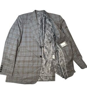 French Crown Men's Blue Gray‎ Plaid Blazer 48 Paisley Liner Cotton Polyester